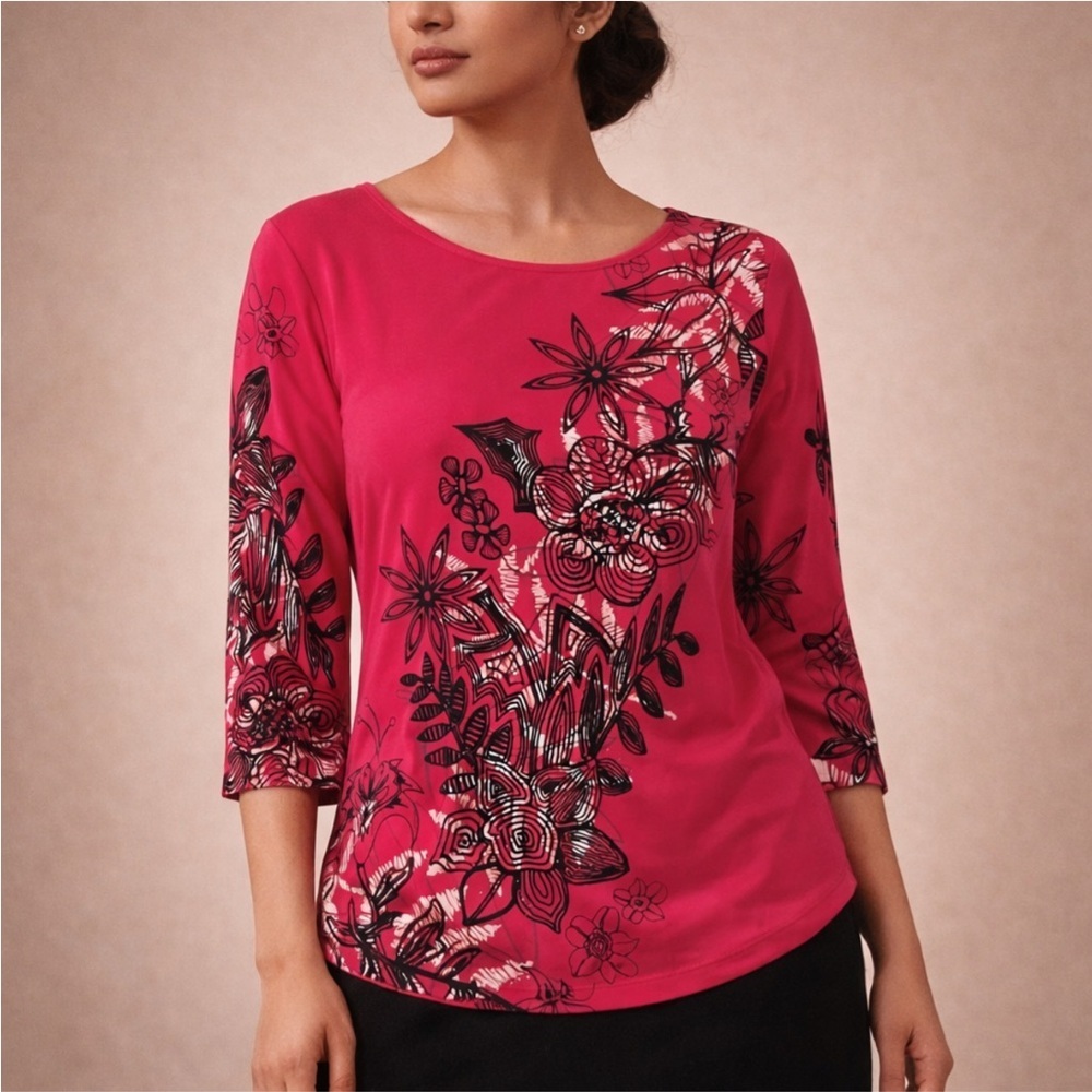 Multiples Floral Print Top Small Pink Black White 3/4 Sleeve Stretch Blouse